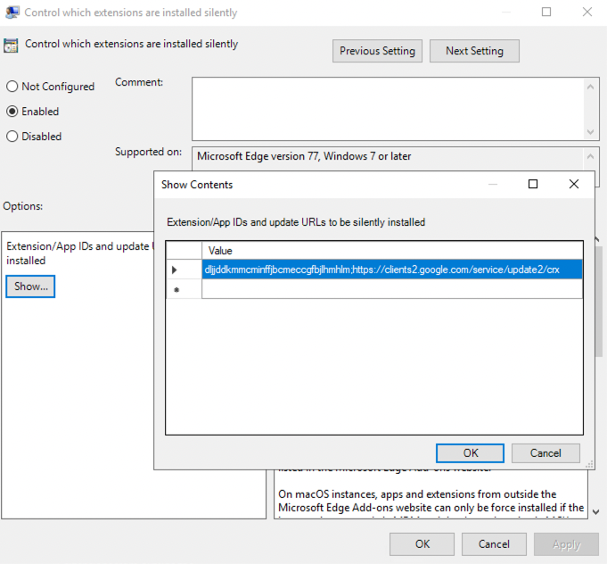 Edge silently install extension group policy settings: KB 10053