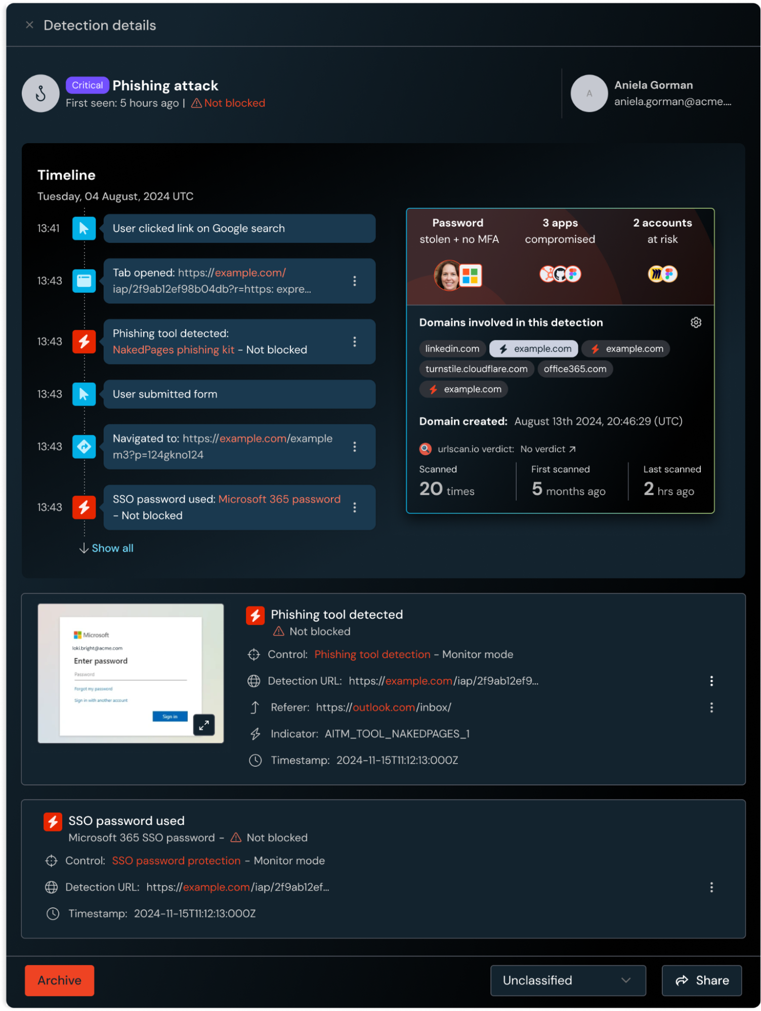 Using Push, you can get a detailed timeline of what occurred in the browser during a security incident, including a screenshot of the phishing site and a view into all the impacted accounts.