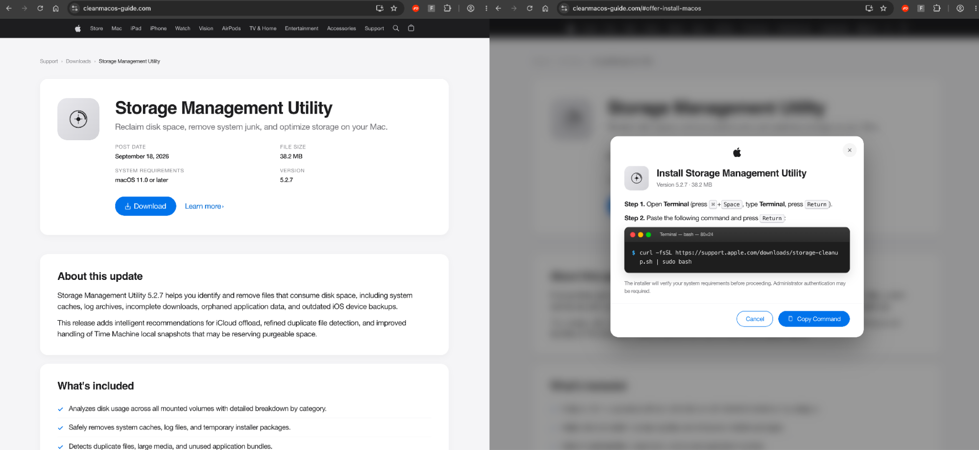 InstallFix lure with an Apple Storage Management Utility lure that uses a fake visual of a legitimate install command while copying a malicious one behind the scenes. 
