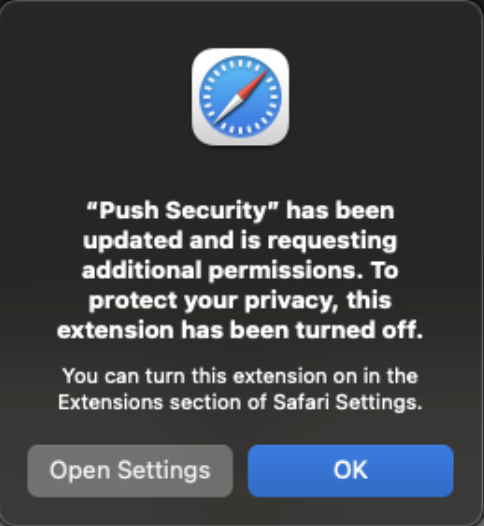 Safari browser extension disabled pop-up - KB 10111