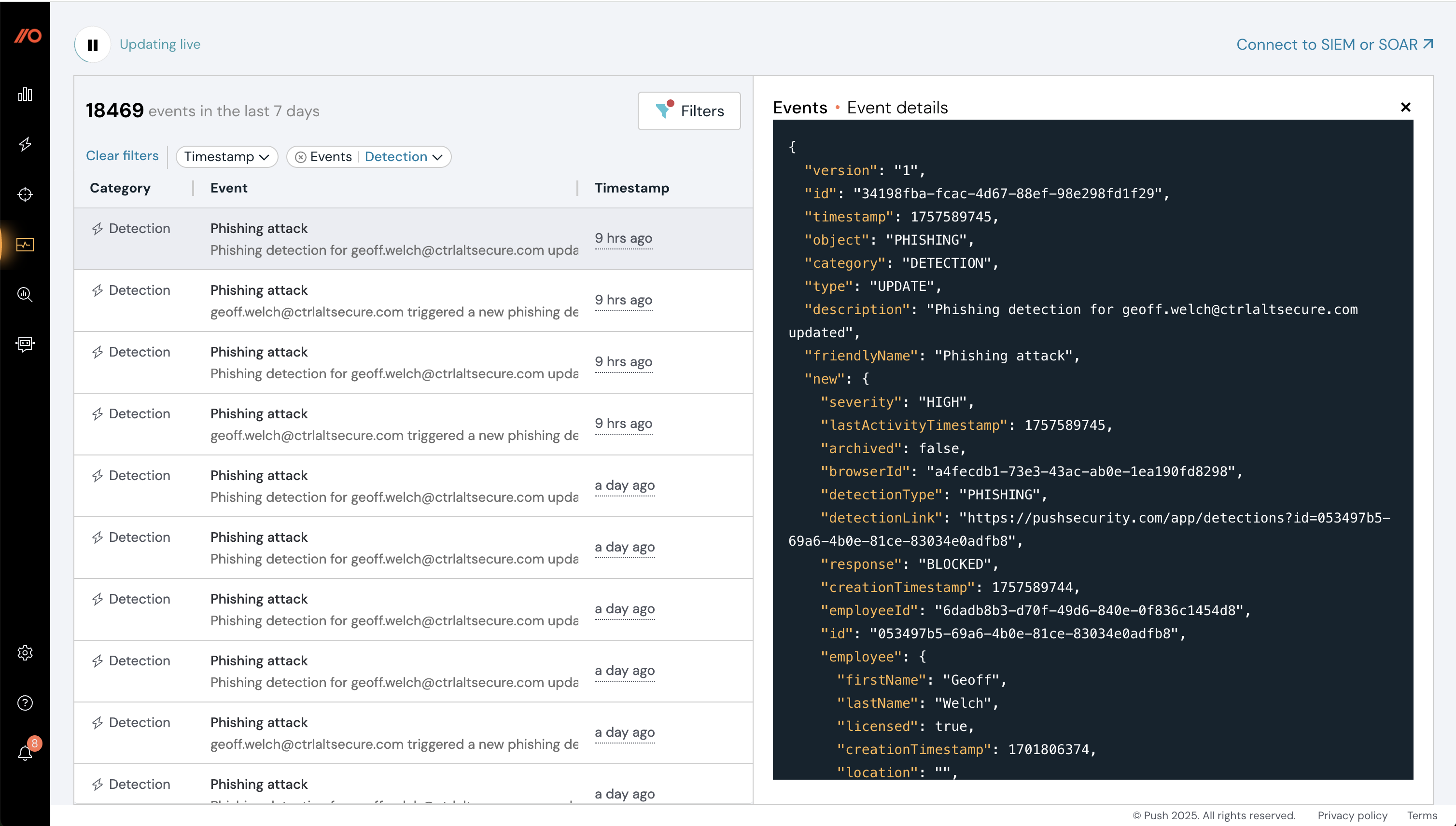 Events page - event details - docs - Connect to SIEM or SOAR