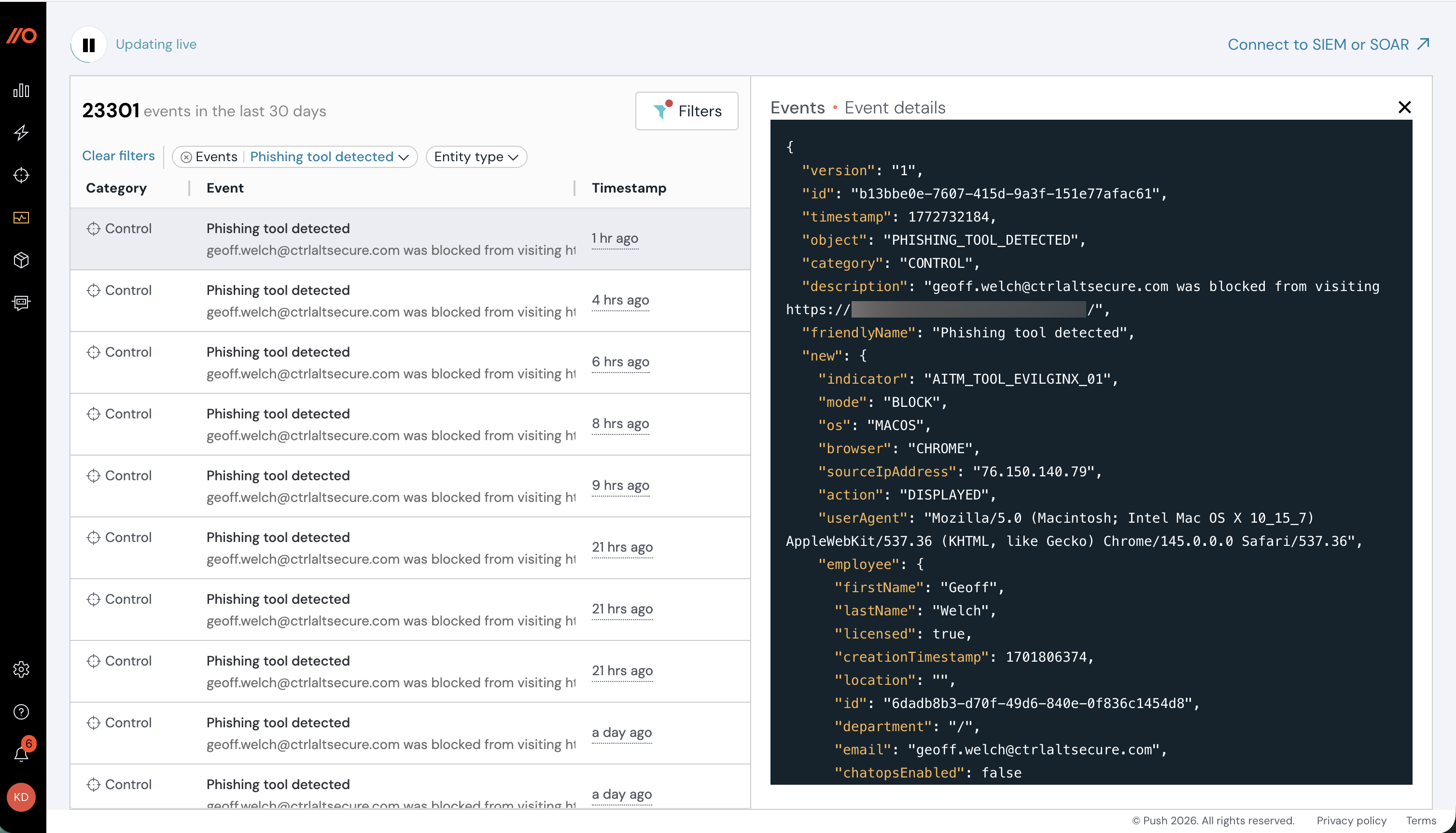 Events page - event details - docs - Connect to SIEM or SOAR