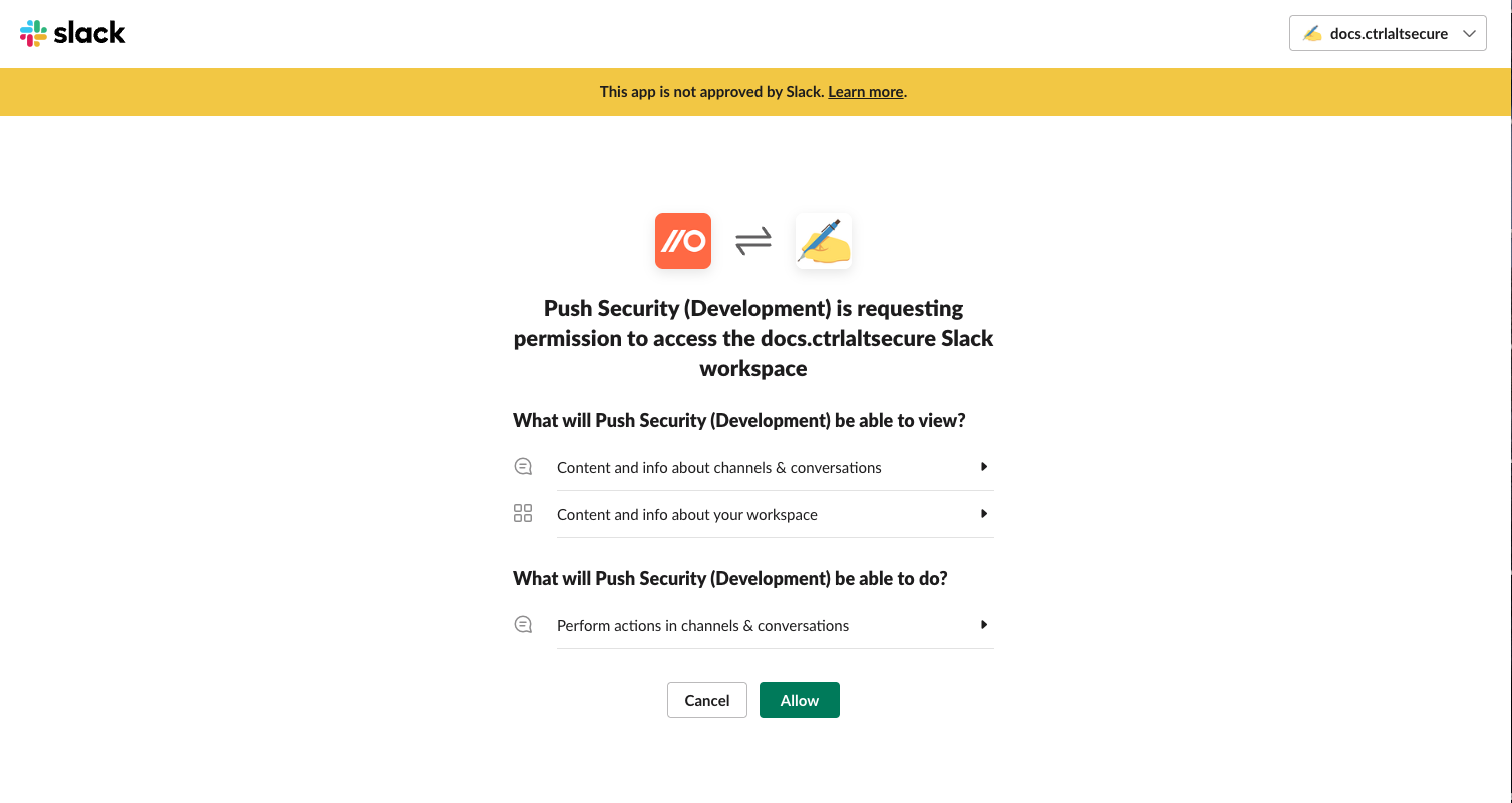Slack integration consent screen - docs