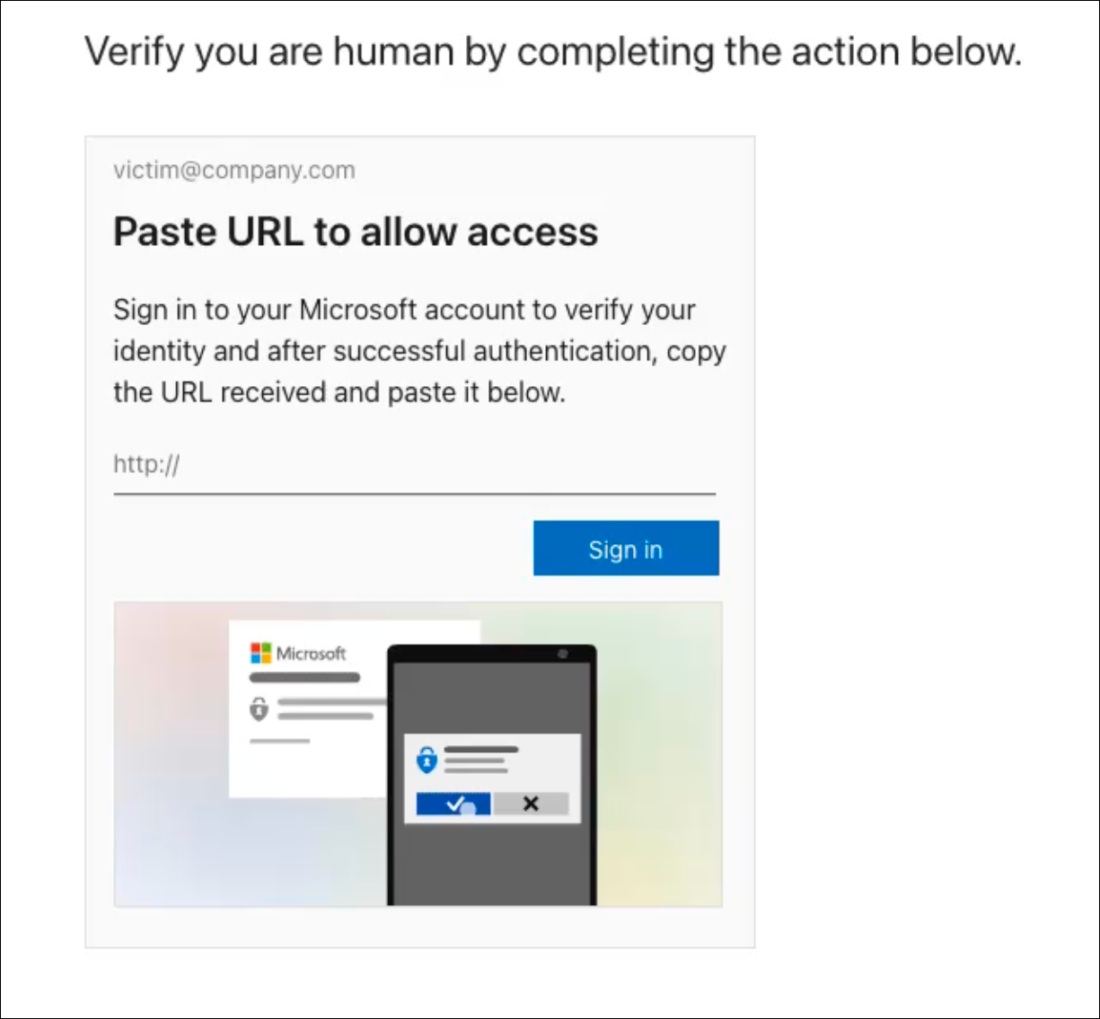 The victim is prompted to complete a further verification check.