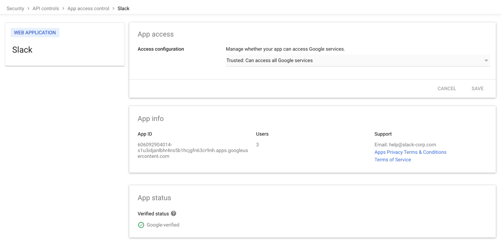 Google admin interface Slack app