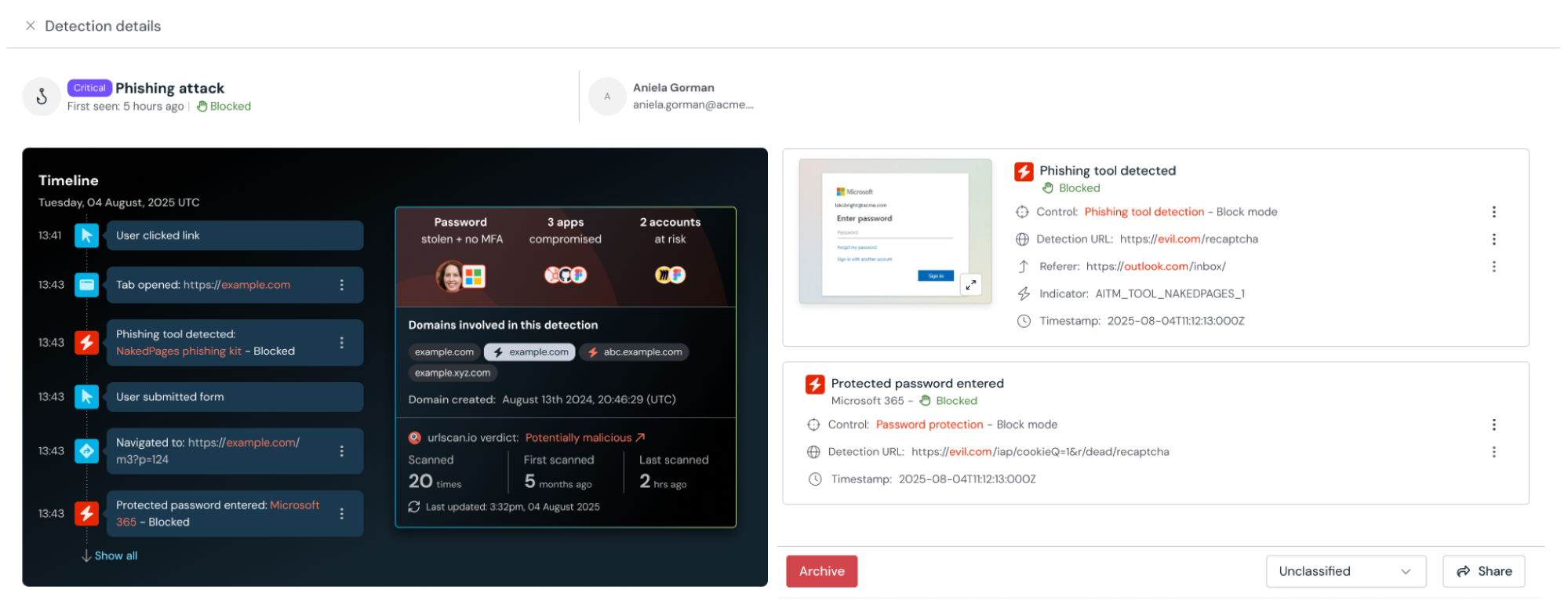 Sample detection details in the Push admin console for a blocked phishing event