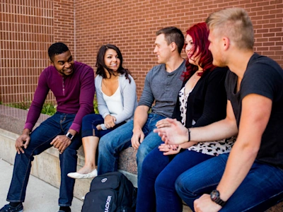 A group of students is talking during orientation day