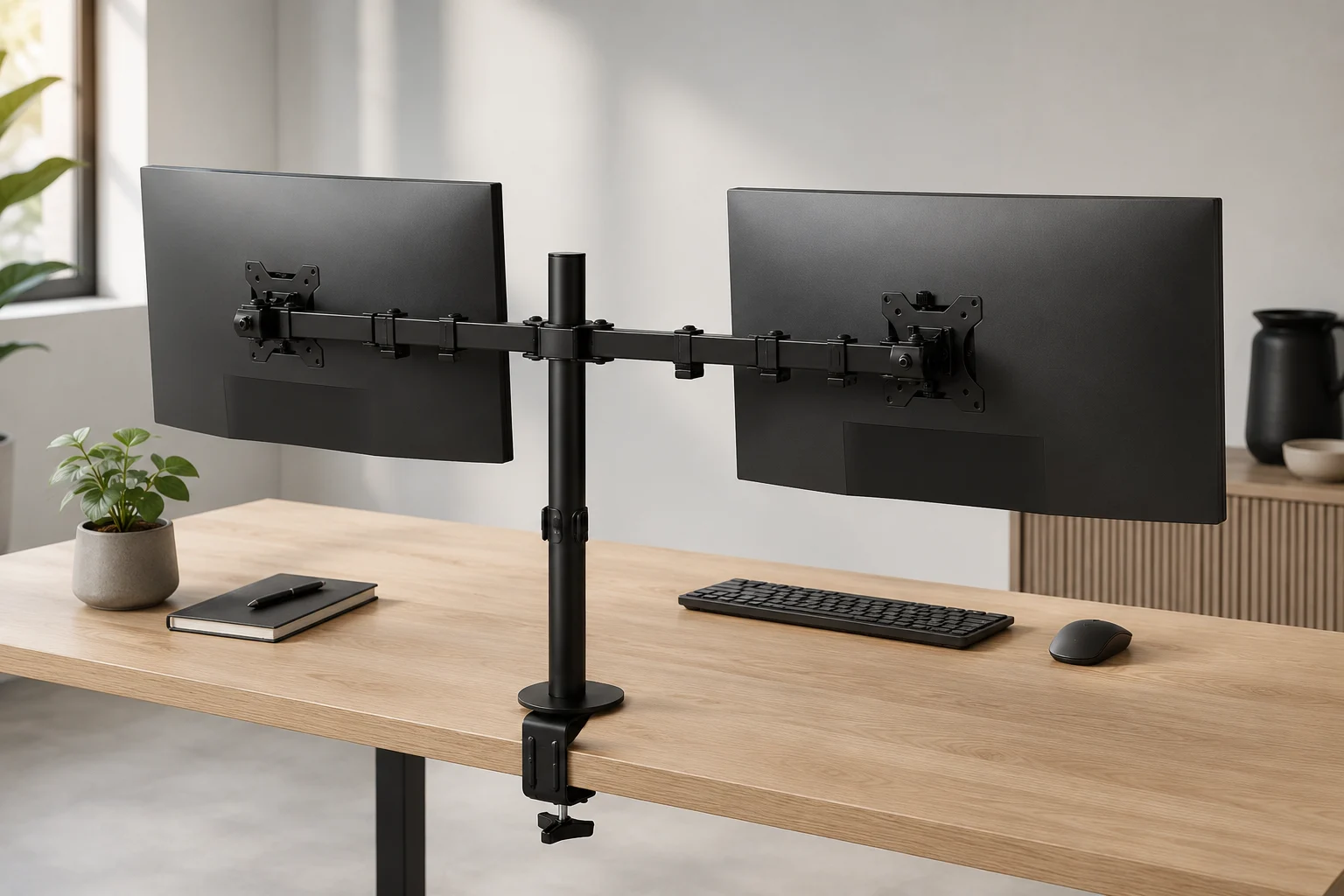 Twee monitoren bevestigd aan een verstelbare monitorarm op een licht houten bureau.