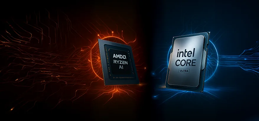 Een krachtige visuele vergelijking tussen AMD Ryzen en Intel Core Ultra processors. De afbeelding toont twee high-performance chips tegenover elkaar, gescheiden door een vurige oranje gloed voor AMD en een koele blauwe energie voor Intel.