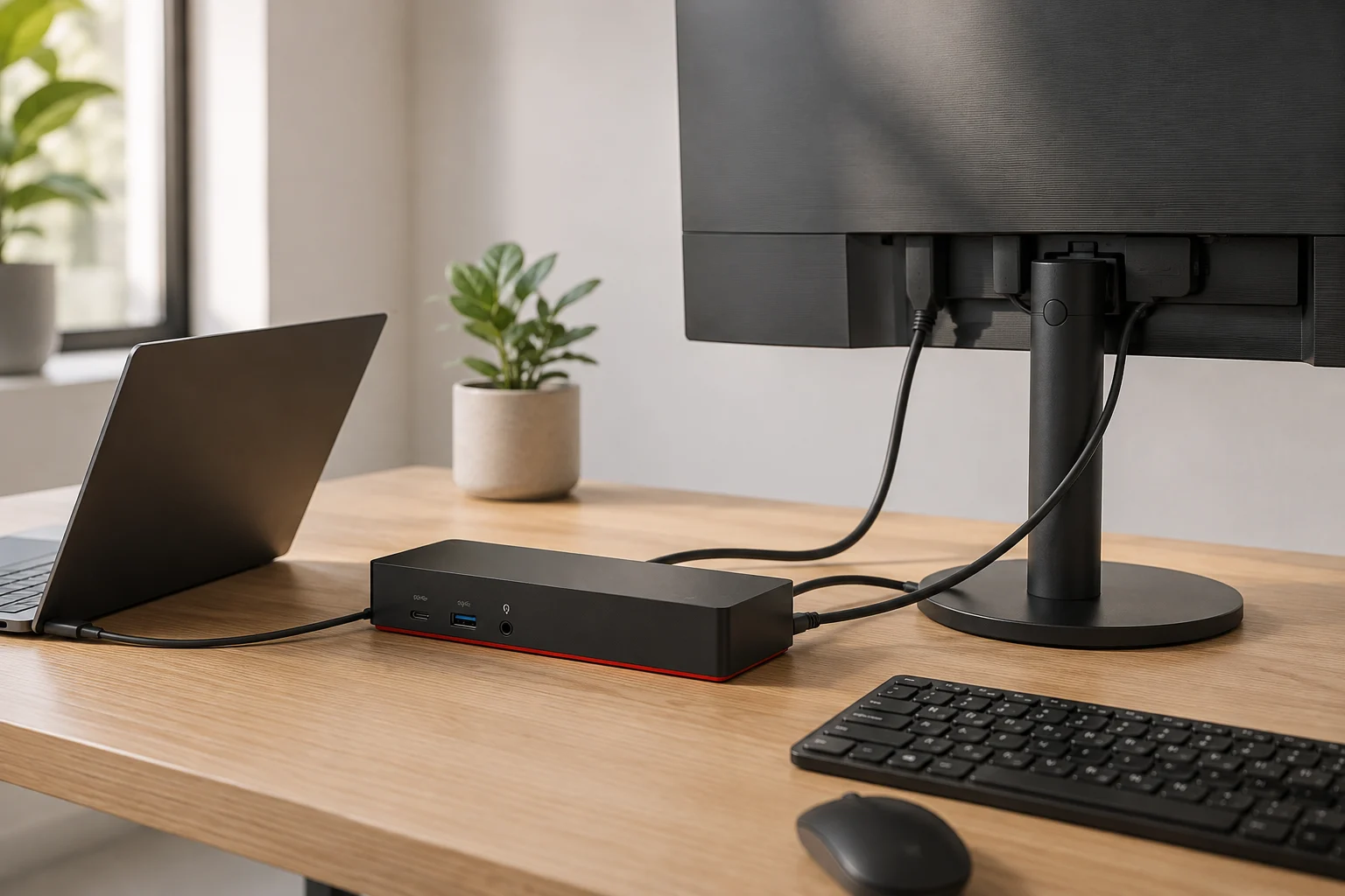 Dockingstation op een licht houten bureau, aangesloten op een laptop en monitor.