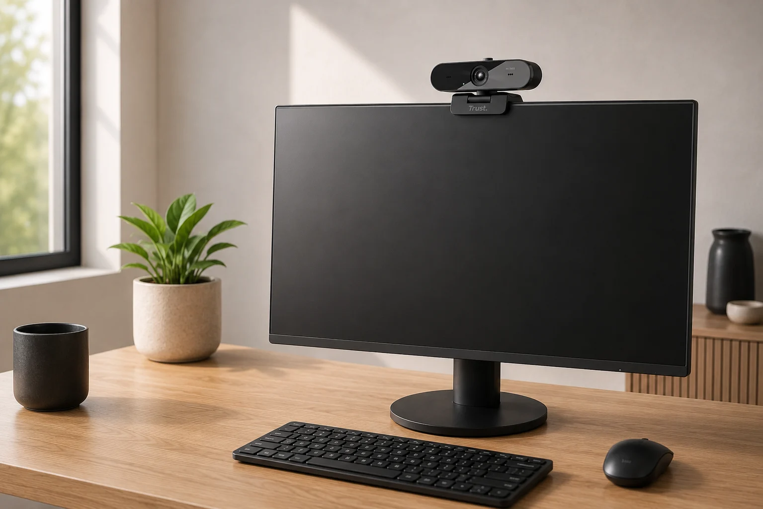 Zwarte webcam bevestigd boven op een monitor in een moderne zakelijke werkplek.