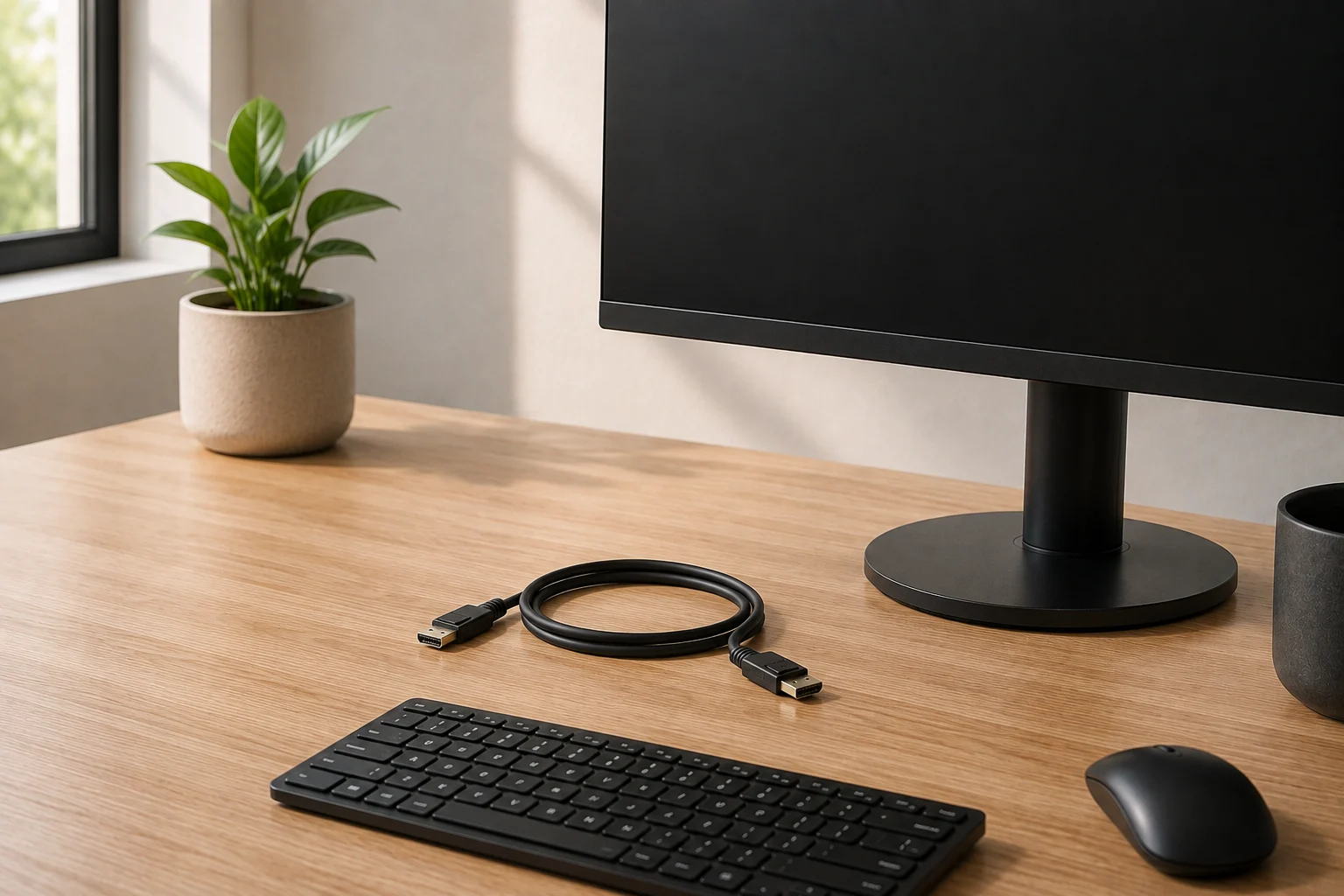Zwarte DisplayPort-kabel op een zakelijke werkplek met monitor, toetsenbord en muis.