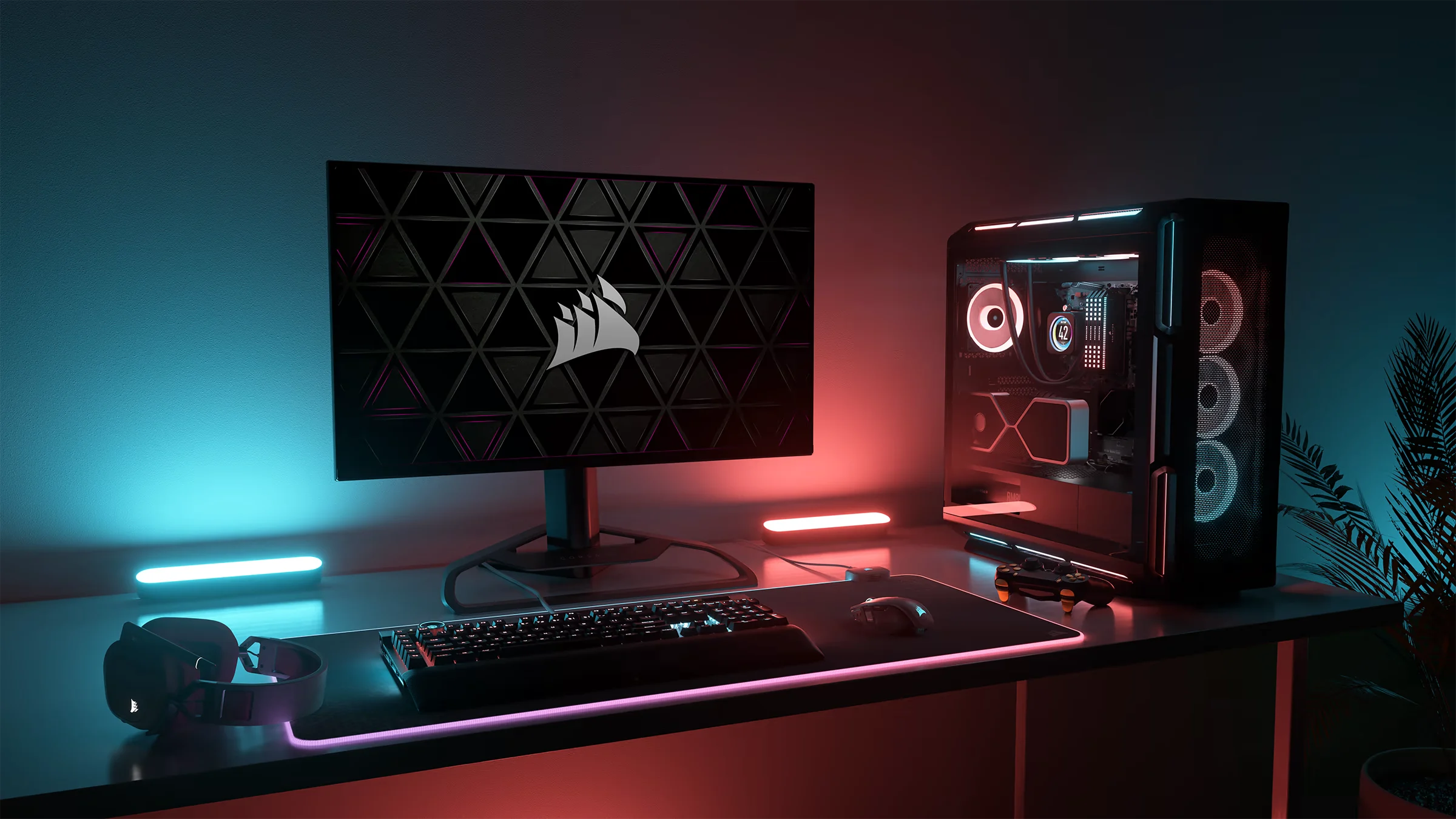 Bekijk de Corsair setup met krachtige pc-componenten, gaming accessoires en RGB-verlichting. Ontdek hoe Corsair performance en design combineert voor de ultieme game-ervaring.