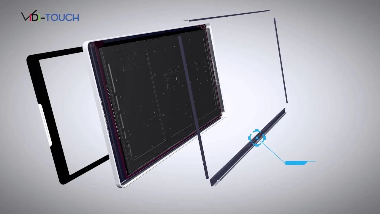 Deze afbeelding toont de verschillende lagen van een Viditouch-touchscreen. Je ziet hoe het scherm van binnen is opgebouwd, met verschillende onderdelen die uit elkaar zijn weergegeven. Het laat de technologie zien die nodig is om een sterk en nauwkeurig scherm te maken.