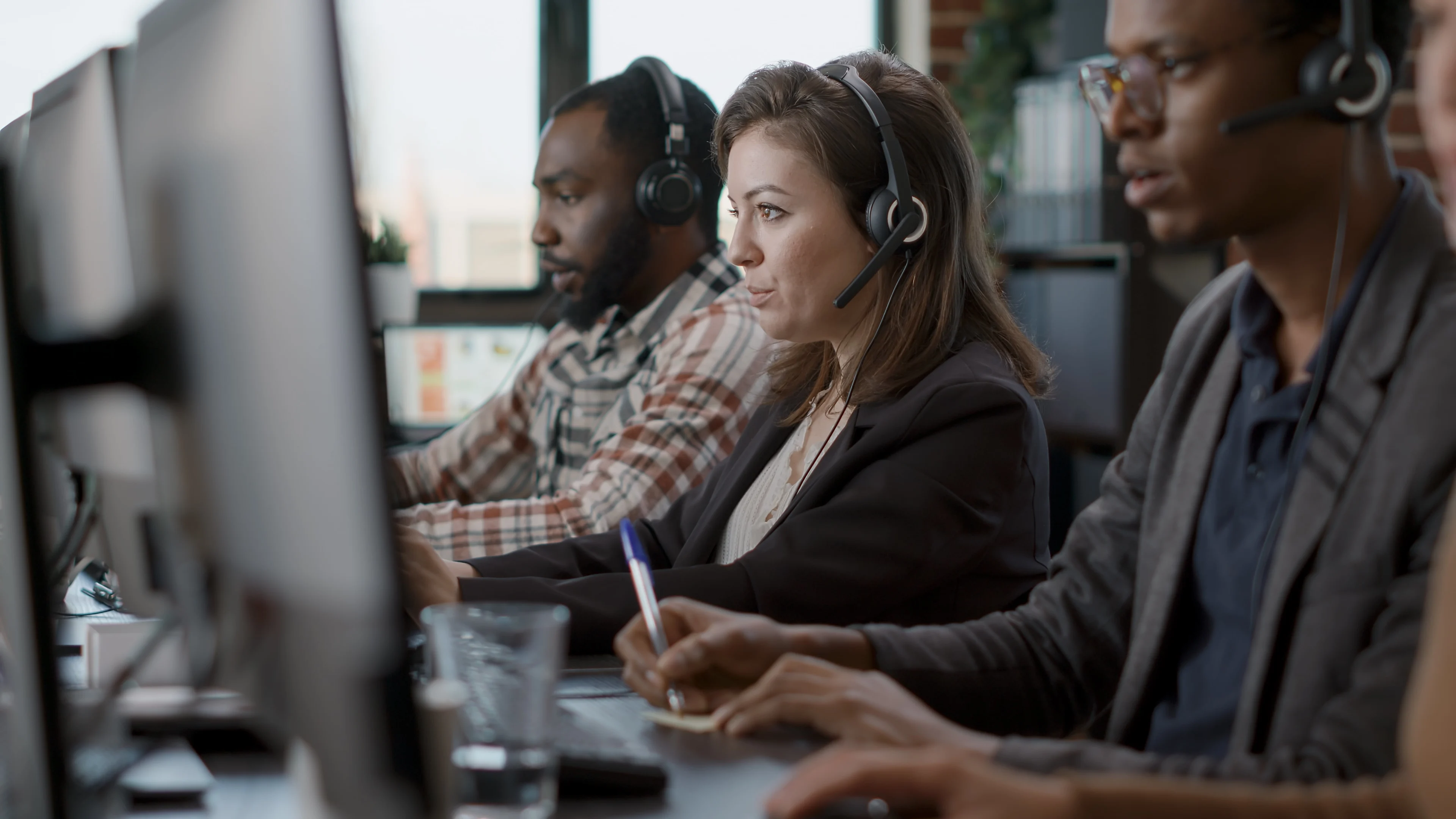 Jonge vrouw met headset werkt in een callcenter en helpt klanten.