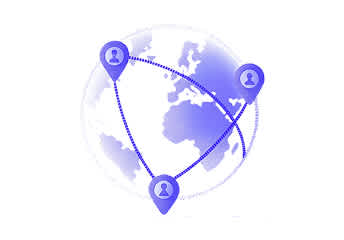 Globe illustration with location pins connected by lines, symbolizing international SaaS reach.