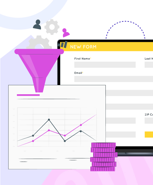 نموذج مدمج مع نظام إدارة علاقات العملاء (CRM) يحتوي على قمع بيانات ومخطط تحليلي، يرمز إلى توليد ورعاية العملاء المحتملين بكفاءة من خلال سير عمل مؤتمت.