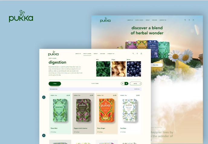 لقطات شاشة لموقع Pukka Herbs تعرض منتجات بتغليف عشبي نابض بالحياة، ترمز إلى تحسينات تحسين محركات البحث (SEO) والنمو الرقمي الاستراتيجي.