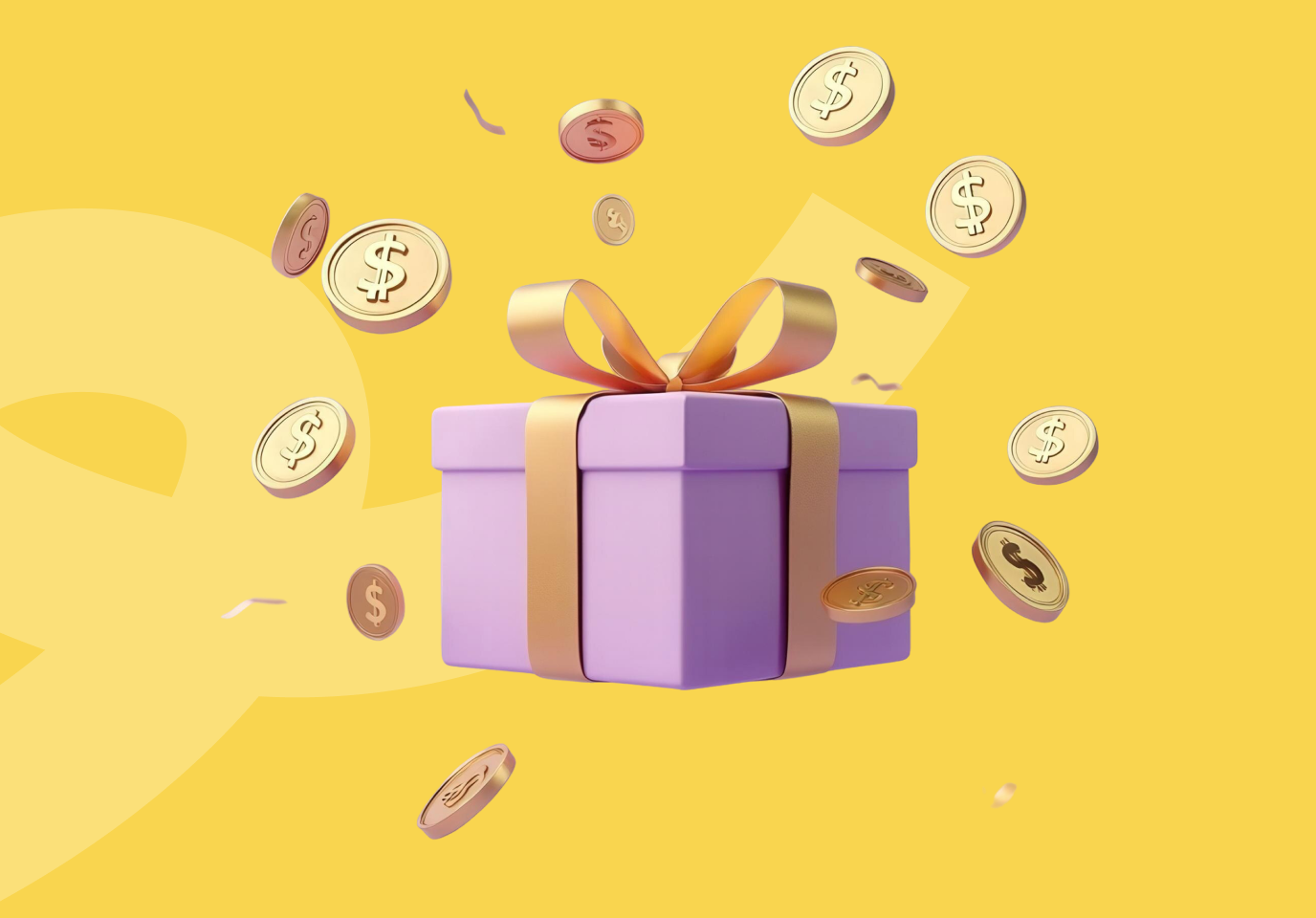 gift box with floating coins around it on a yellow background, representing interactive gamification features and reward engagement