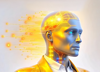 Futuristic AI-powered humanoid with illuminated brain – Visualizing artificial intelligence as a driver of business growth