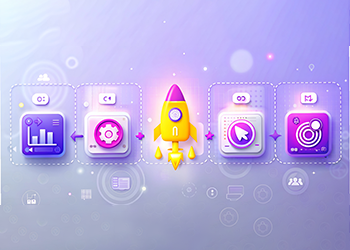Illustration showing app development stages with icons and a rocket launch at the center, representing timeline and process of mobile app creation