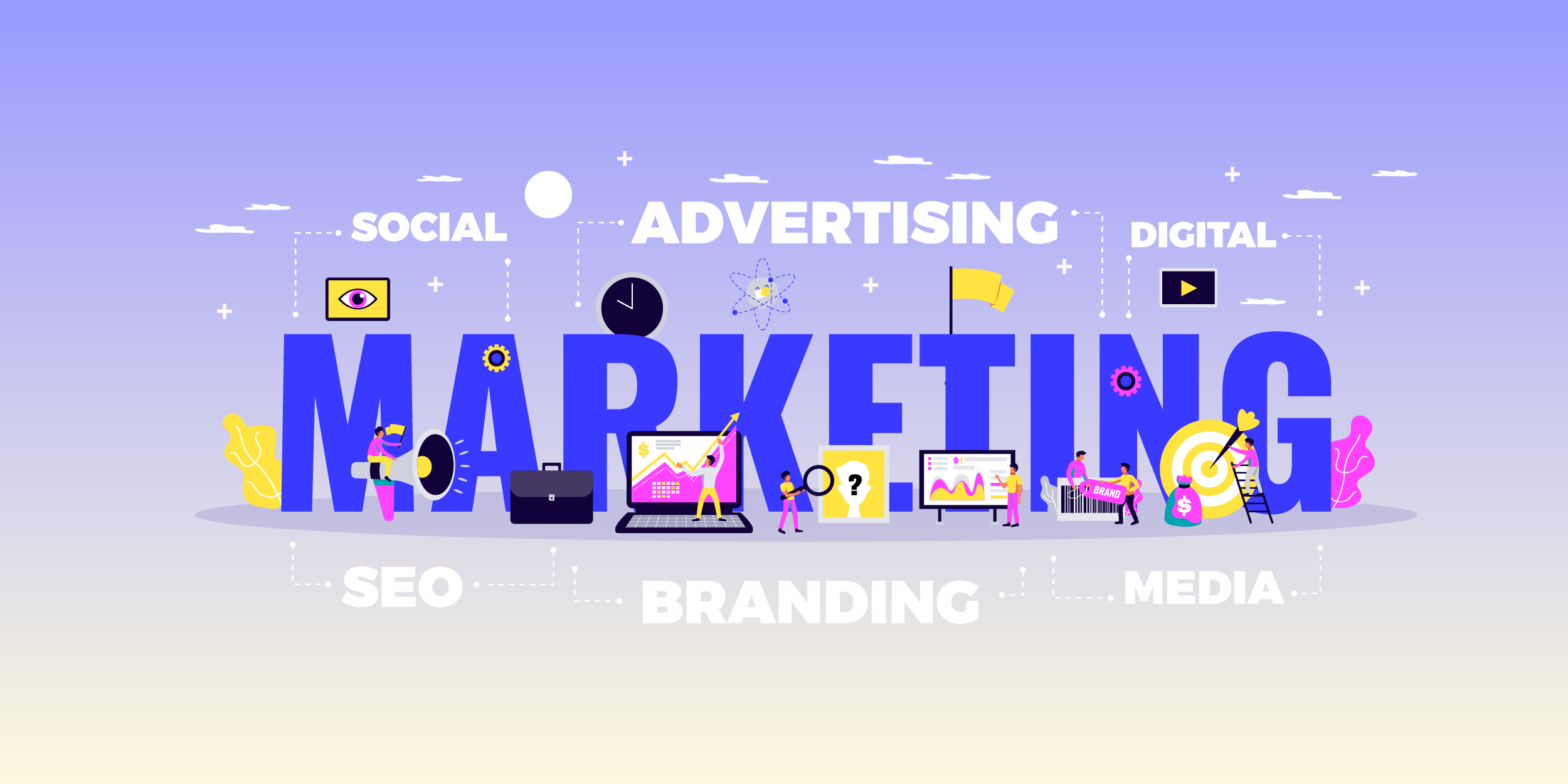 Digital illustration with the word “MARKETING” surrounded by icons representing SEO, branding, media, advertising, and digital marketing tools and services