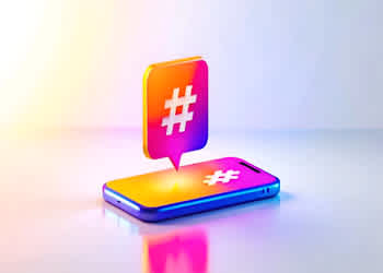 Colorful 3D hashtag icon above a smartphone, representing social media hashtags and digital engagement for a 2024 marketing guide