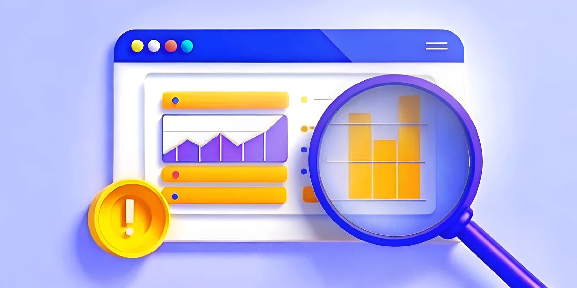 Illustration of a website dashboard with analytics graphs, magnifying glass, and alert icon — symbolizing a website audit and data quality check