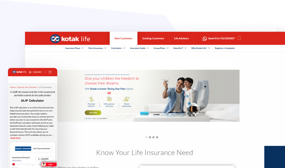 Kotak Life InsuranceウェブサイトのSEO監査サマリー — データに基づいた戦略インサイトとKotak Lifeのホームページとブランドのスクリーンショット