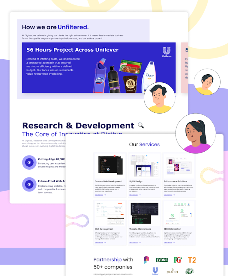 Digitup's research and development highlighting design testing, services, and user insights with Unilever project example.
