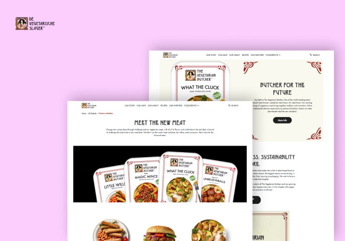 UX design mockups featuring The Vegetarian Butcher's website, showcasing product visuals and structured content from a UI/UX audit.
