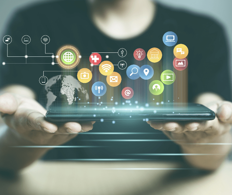 Person holding a smartphone with floating digital app icons and global tech network graphics, symbolizing innovative mobile app ideas
