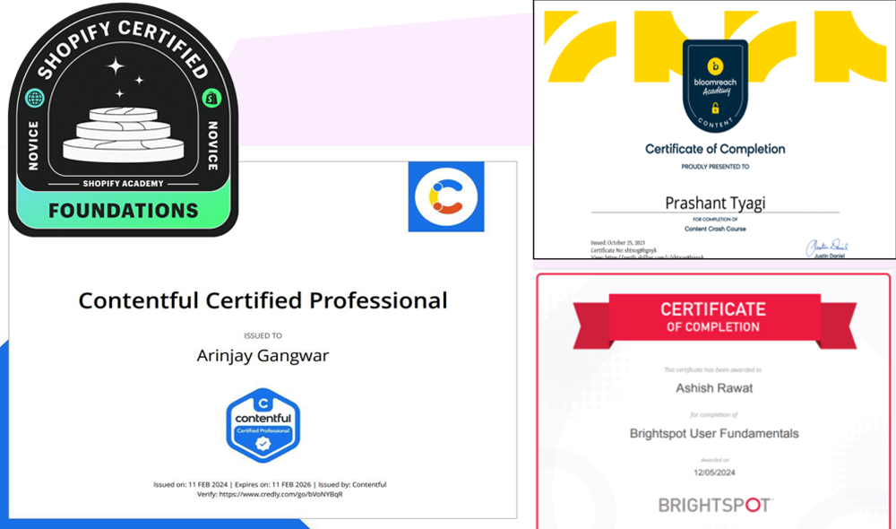 Certificates from Shopify, Contentful, Brightspot, and other CMS platforms representing Digitup’s advanced partnerships and certified expertise in delivering tailored content management solutions