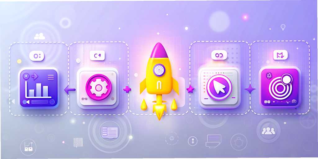 中央にロケットの打ち上げを配置し、アイコンでアプリ開発の各段階を示したイラスト — モバイルアプリ作成のタイムラインとプロセスを表現