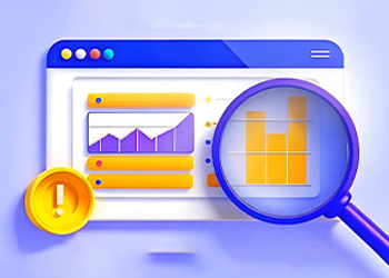 Illustration of a website dashboard with analytics graphs, magnifying glass, and alert icon — symbolizing a website audit and data quality check