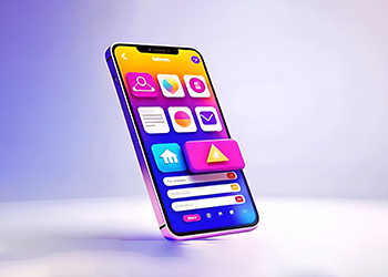 カラフルなアプリアイコンを表示する3DスマートフォンUI — モバイルアプリデザインにおける一般的なUI/UXの落とし穴を示す