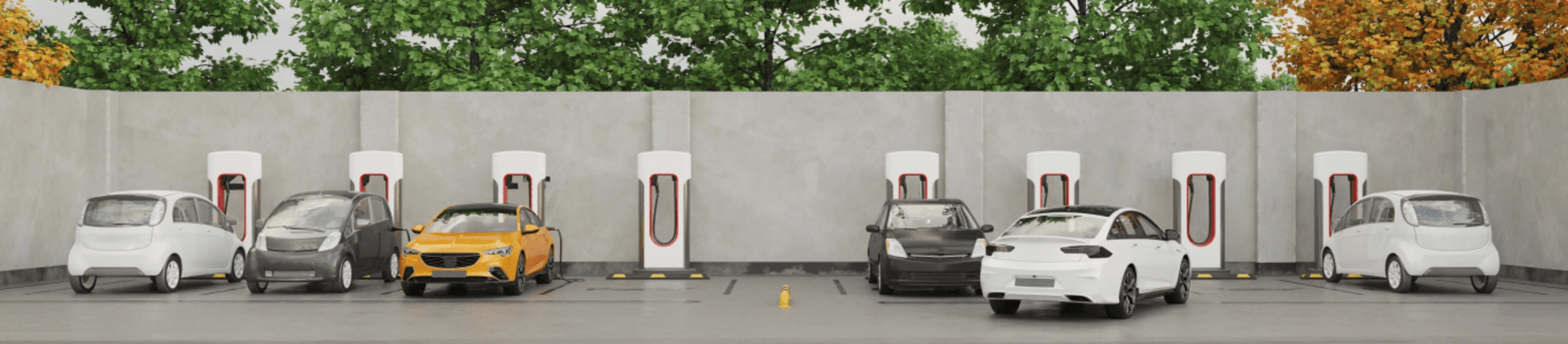 Row of electric vehicles parked at charging stations in front of green and autumn trees, representing eco-friendly transportation and EV charging apps
