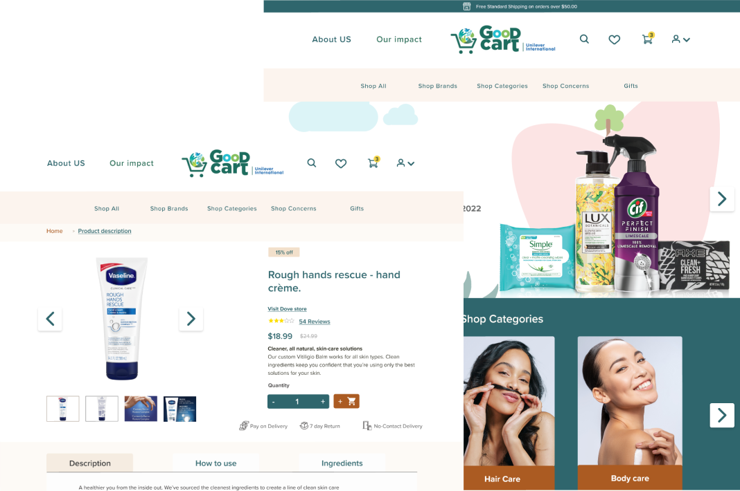 Showcase of Unilever Good Cart's redesigned e-commerce interface, featuring product pages and category visuals on a pastel pink background, highlighting Digitup’s digital transformation project