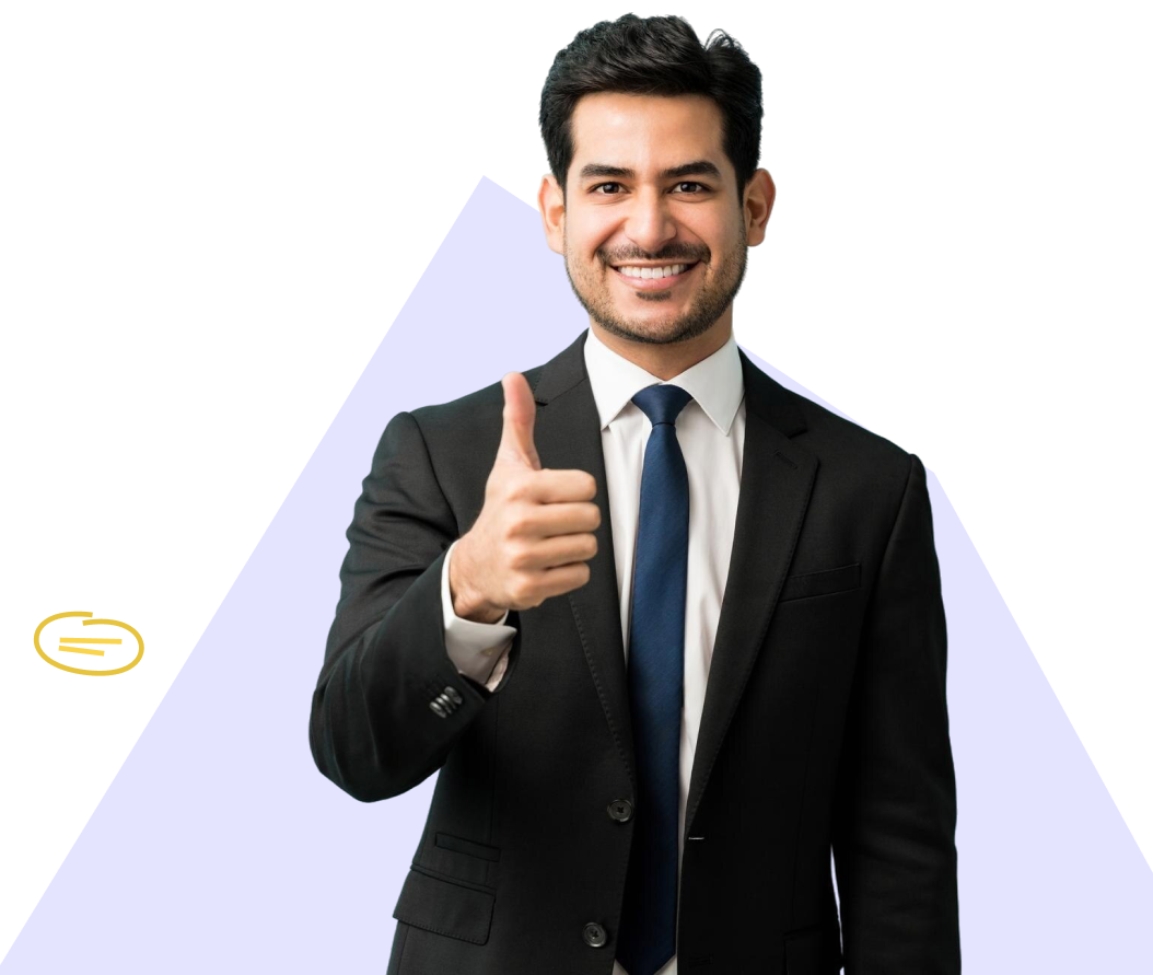 Thank you message screen with a smiling man in a suit giving a thumbs-up, set against a dark blue background with the text: 'Thank you for reaching out! 