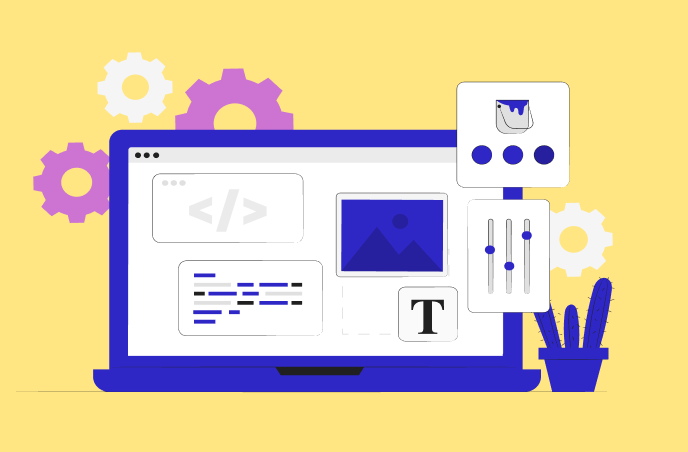 Illustration of a responsive website interface with coding and design tools, symbolizing Digitup's custom web development services