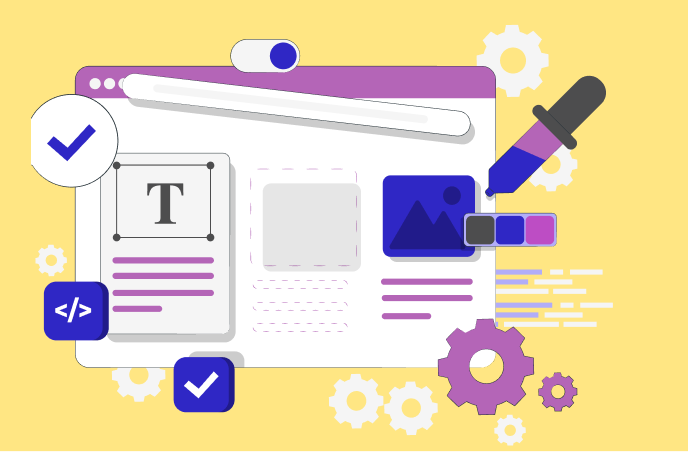 Illustration of a web layout with UX tools like sliders, color palettes, and text editors, highlighting Digitup’s data-driven UX enhancements