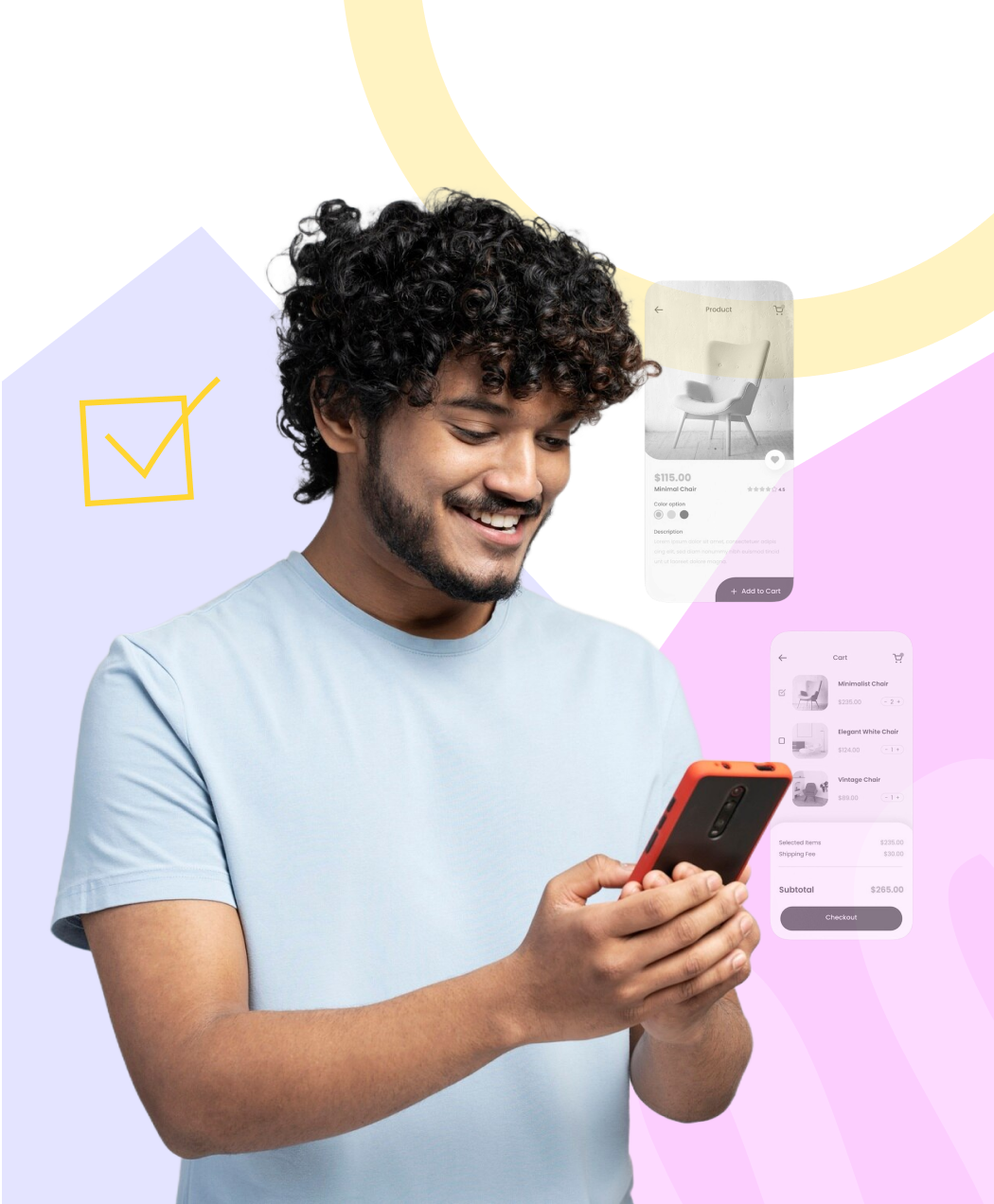 مستخدم مبتسم يتفاعل مع واجهة تصميم موجهة للأجهزة المحمولة، يعرض تصميم واجهة مستخدم صديقة للهواتف المحمولة
