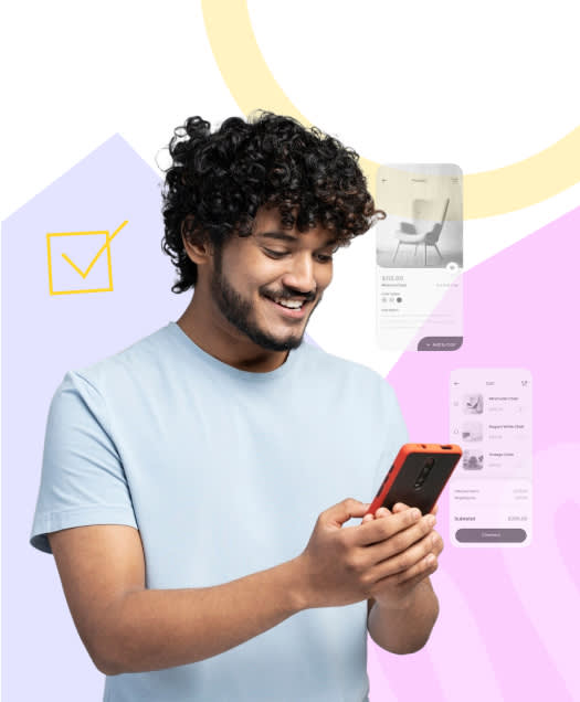Smiling user interacting with mobile-first interface, showcasing mobile-friendly UI design