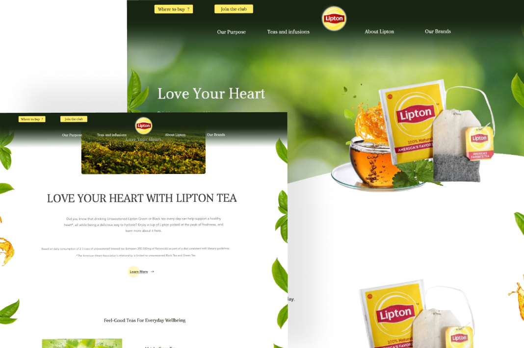 DigitupによるLipton Tea向けWeb変革プロジェクト — 商品画像や紅茶ビジュアル、「Love Your Heart」ブランディングを備えた最新のヘッドレスPWAインターフェースを黄色背景で表現