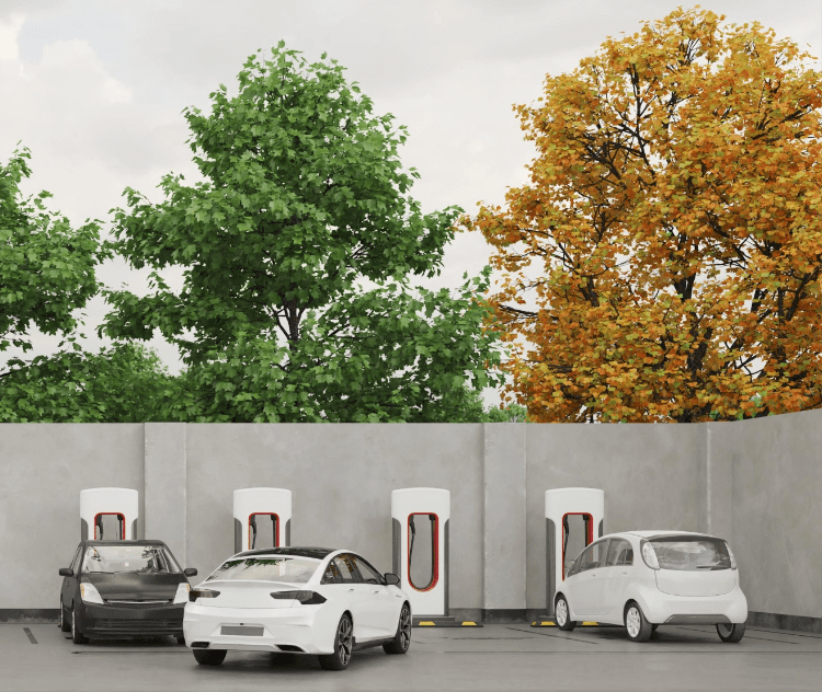 Row of electric vehicles parked at charging stations in front of green and autumn trees, representing eco-friendly transportation and EV charging apps