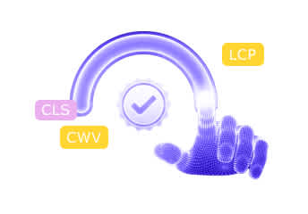 Speedometer and performance graphs indicating enhanced web performance and reliability.