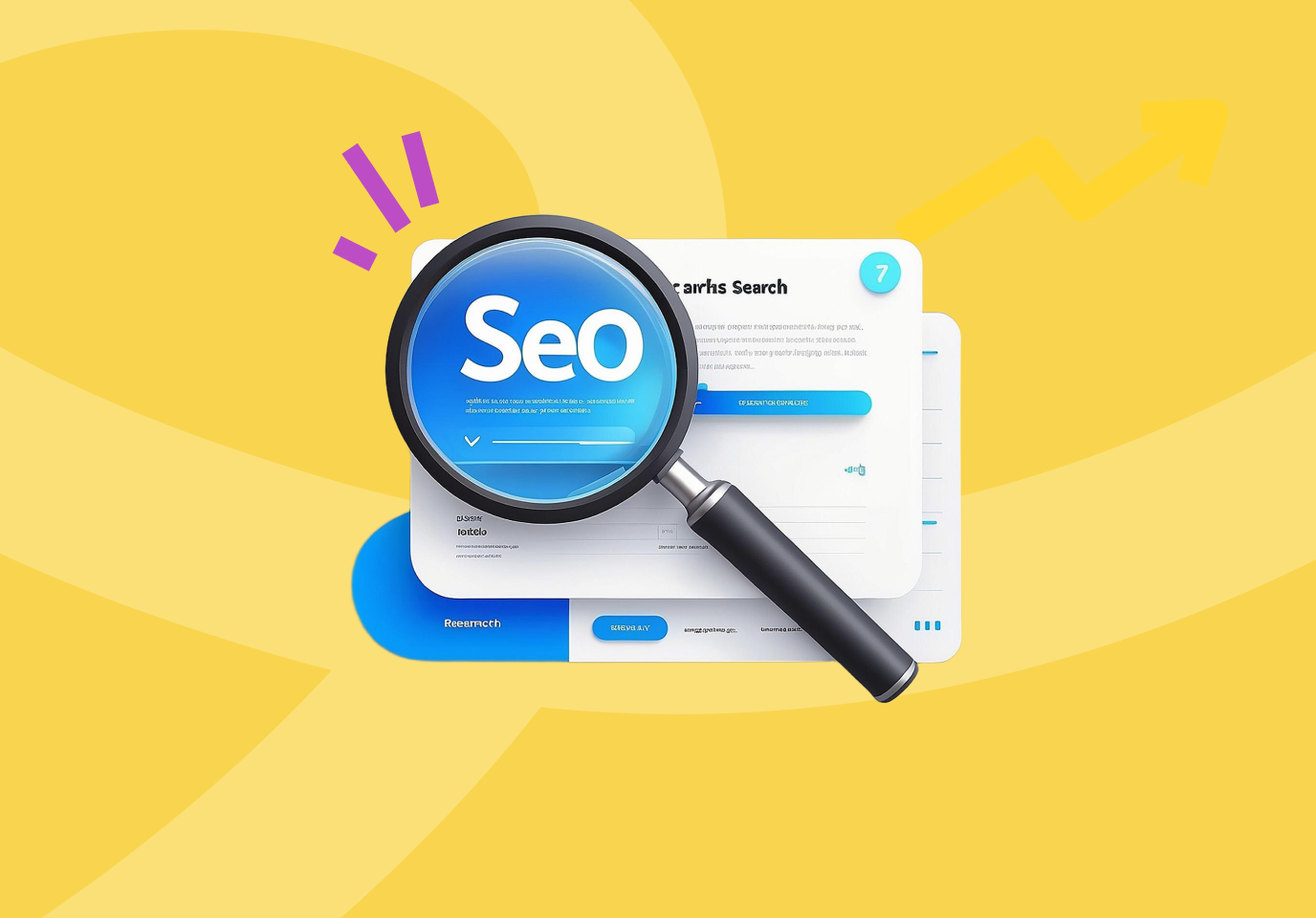 عدسة مكبرة تحمل تسمية "SEO" فوق بيانات موقع إلكتروني وسهام تشير إلى الأعلى، ترمز إلى تحليل Digitup لأداء سرعة الموقع وتحسين محركات البحث.