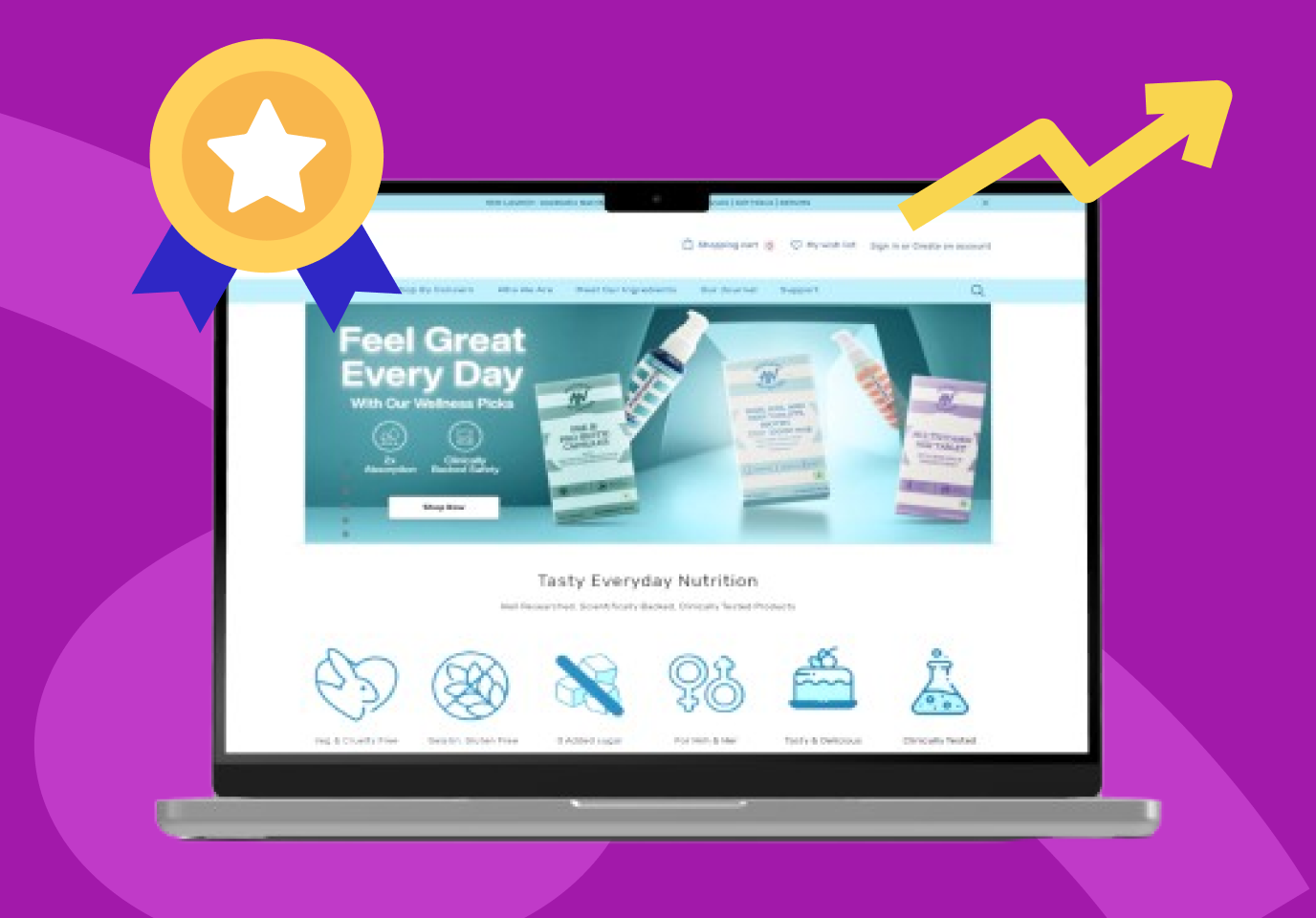 eCommerce website on a laptop with a star badge and growth arrow, highlighting Digitup’s consulting services for D2C business success.