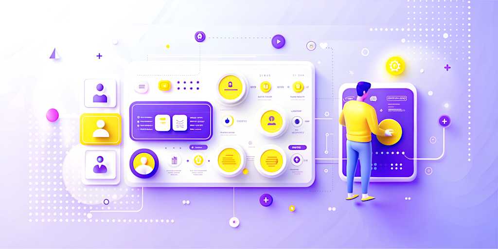 Illustration of a person interacting with mobile UI wireframes and app architecture, symbolizing Digitup’s UI/UX development framework