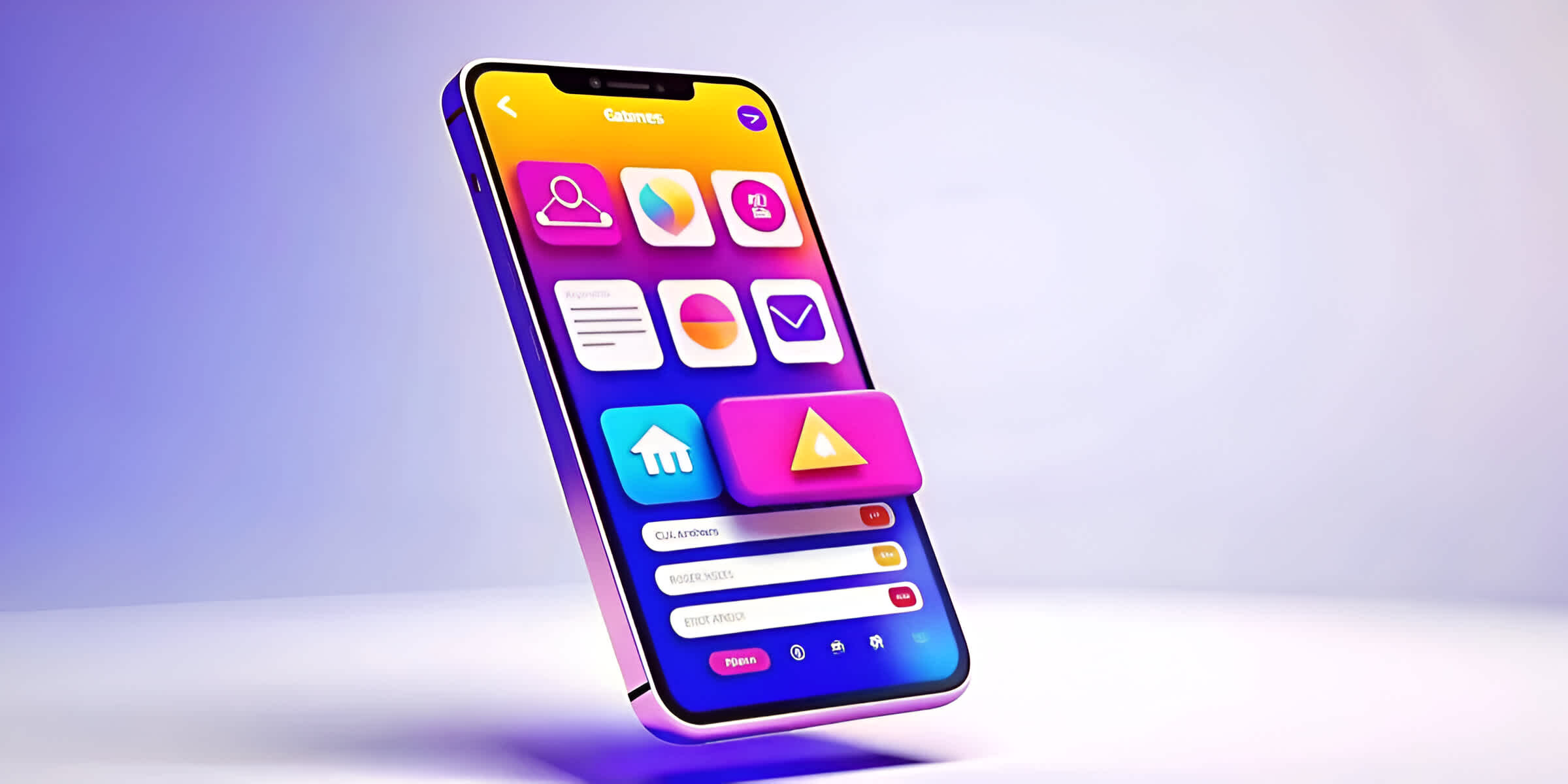 カラフルなアプリアイコンを表示する3DスマートフォンUI — モバイルアプリデザインにおける一般的なUI/UXの落とし穴を示す